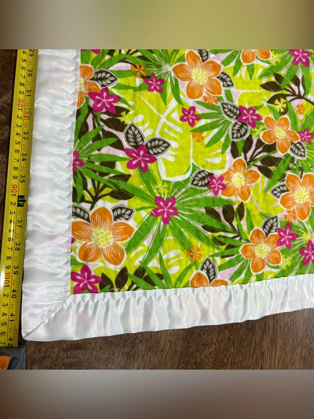 Bright colored hand made quilt tropical print. approx.  42